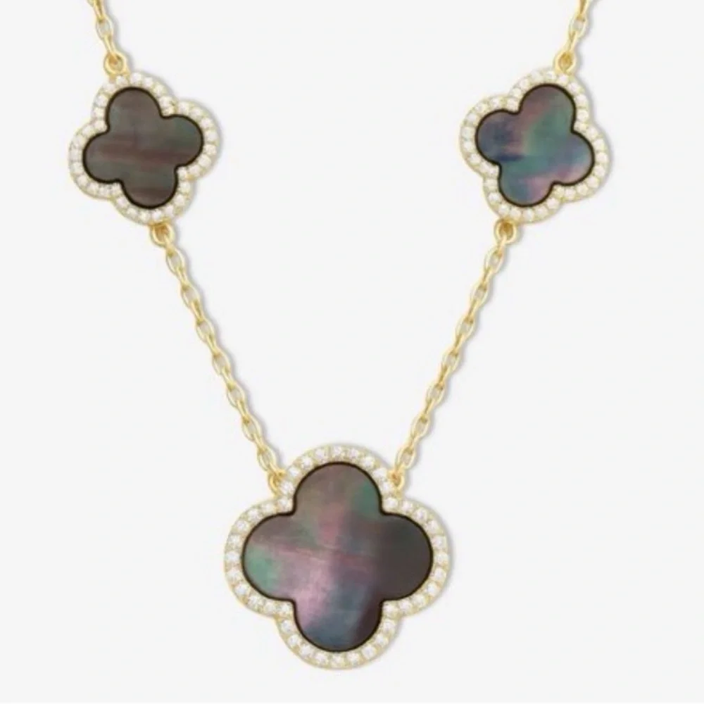 Stella Rose London Black Mother of Pearl Clover Necklace Gold Plated Crystal Pav